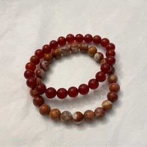 Set of 2 Natural Gemstone Bracelets – Carnelian & Jasper, Stretch, 8mm Beads